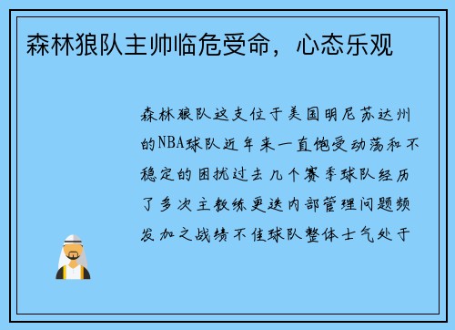 森林狼队主帅临危受命，心态乐观