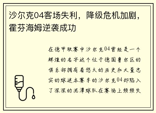 沙尔克04客场失利，降级危机加剧，霍芬海姆逆袭成功