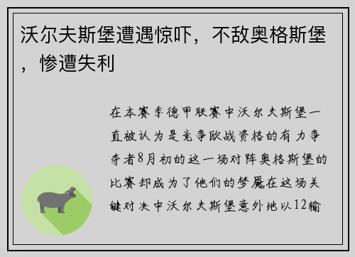 沃尔夫斯堡遭遇惊吓，不敌奥格斯堡，惨遭失利