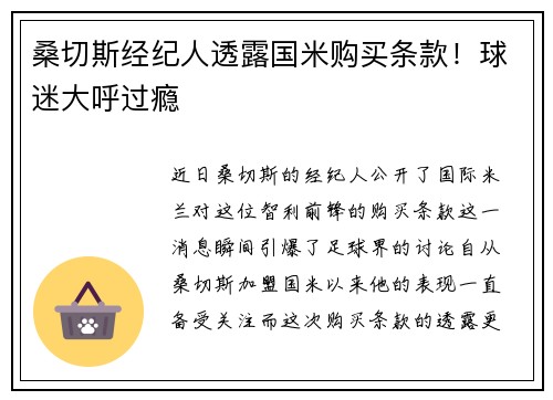 桑切斯经纪人透露国米购买条款！球迷大呼过瘾