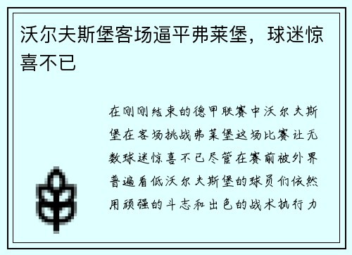 沃尔夫斯堡客场逼平弗莱堡，球迷惊喜不已