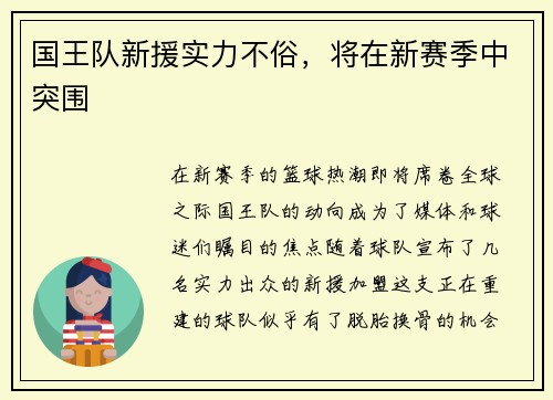 国王队新援实力不俗，将在新赛季中突围