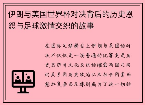 伊朗与美国世界杯对决背后的历史恩怨与足球激情交织的故事