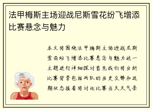 法甲梅斯主场迎战尼斯雪花纷飞增添比赛悬念与魅力