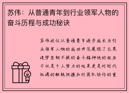 苏伟：从普通青年到行业领军人物的奋斗历程与成功秘诀