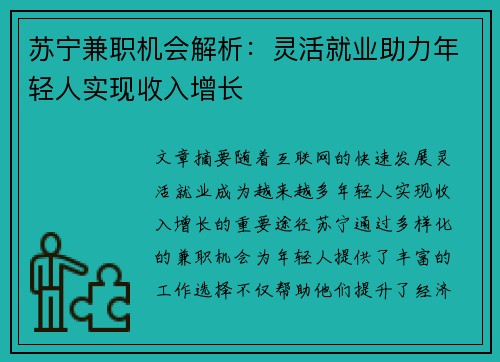 苏宁兼职机会解析：灵活就业助力年轻人实现收入增长