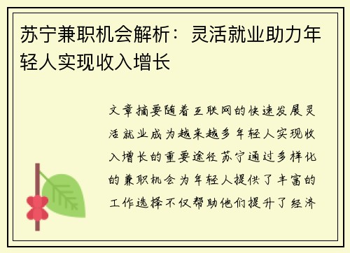 苏宁兼职机会解析：灵活就业助力年轻人实现收入增长