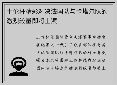 土伦杯精彩对决法国队与卡塔尔队的激烈较量即将上演