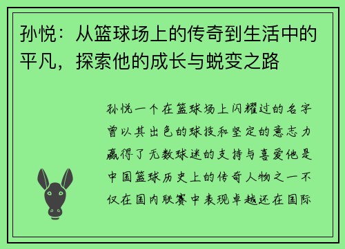 孙悦：从篮球场上的传奇到生活中的平凡，探索他的成长与蜕变之路