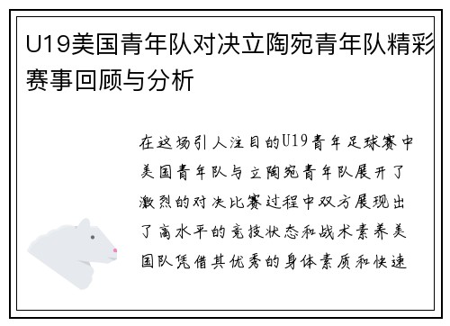 U19美国青年队对决立陶宛青年队精彩赛事回顾与分析
