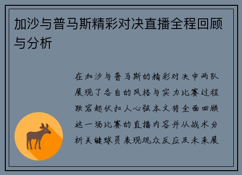 加沙与普马斯精彩对决直播全程回顾与分析