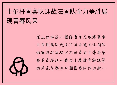 土伦杯国奥队迎战法国队全力争胜展现青春风采