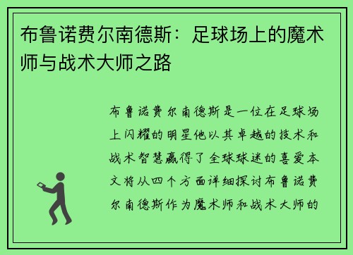 布鲁诺费尔南德斯：足球场上的魔术师与战术大师之路