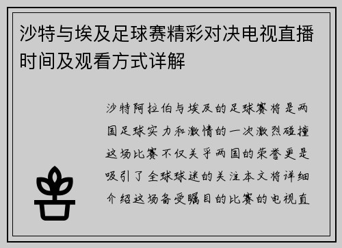 沙特与埃及足球赛精彩对决电视直播时间及观看方式详解