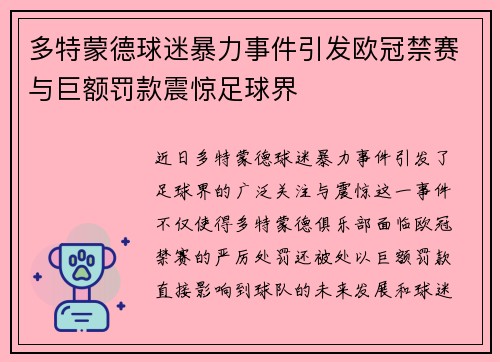 多特蒙德球迷暴力事件引发欧冠禁赛与巨额罚款震惊足球界