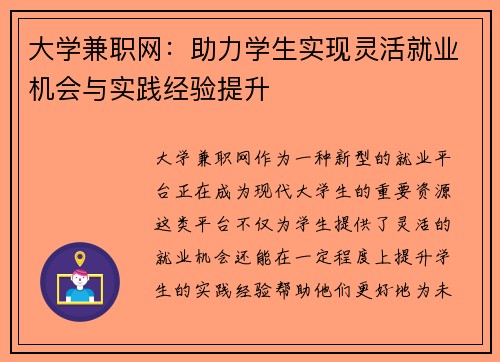 大学兼职网：助力学生实现灵活就业机会与实践经验提升