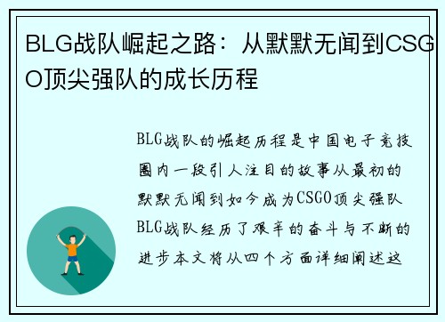 BLG战队崛起之路：从默默无闻到CSGO顶尖强队的成长历程