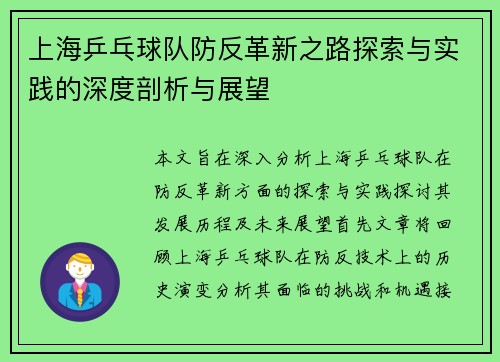 上海乒乓球队防反革新之路探索与实践的深度剖析与展望