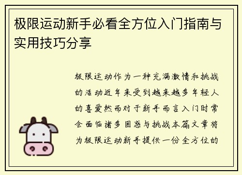 极限运动新手必看全方位入门指南与实用技巧分享