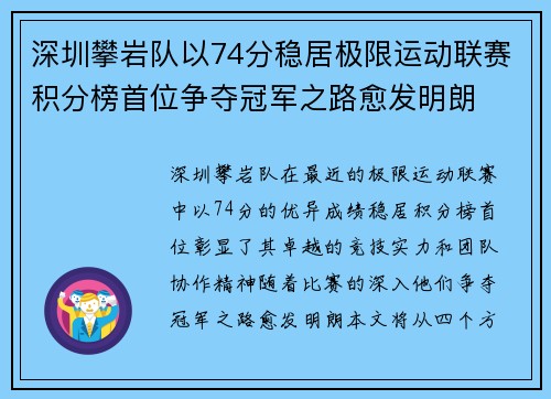 深圳攀岩队以74分稳居极限运动联赛积分榜首位争夺冠军之路愈发明朗