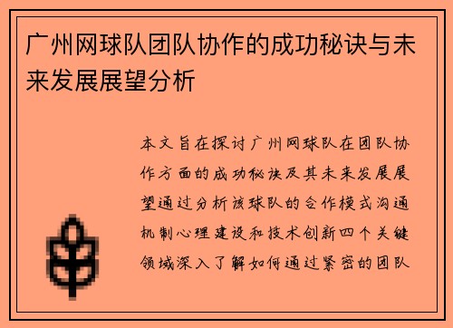 广州网球队团队协作的成功秘诀与未来发展展望分析