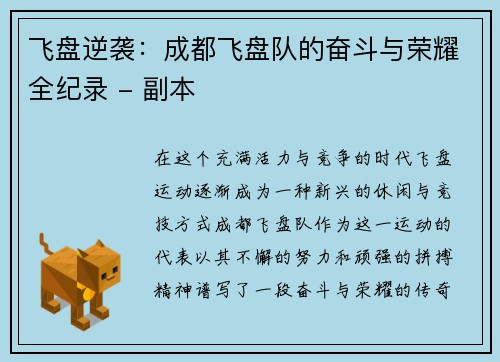 飞盘逆袭：成都飞盘队的奋斗与荣耀全纪录 - 副本